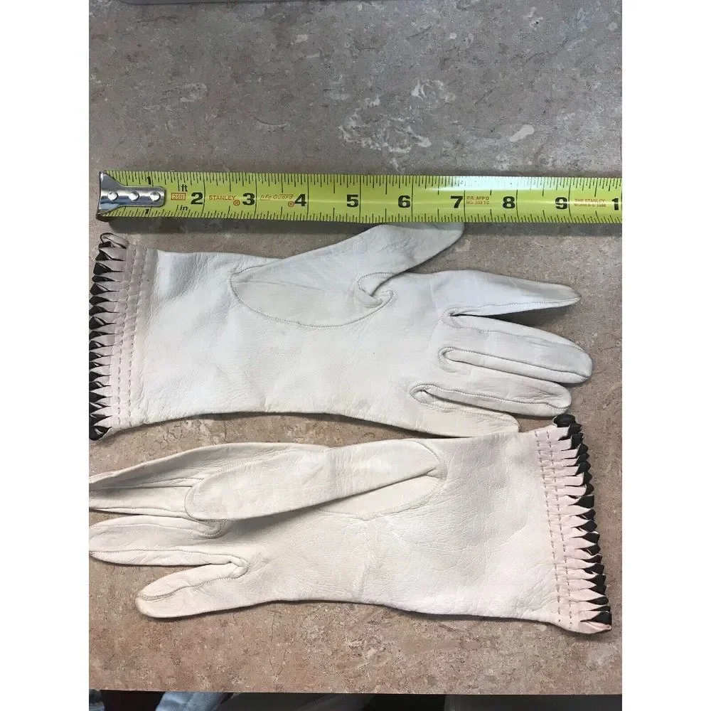 Leather Gloves women Size 6.5 Vintage 9”x3.5” White Black Pink Trim